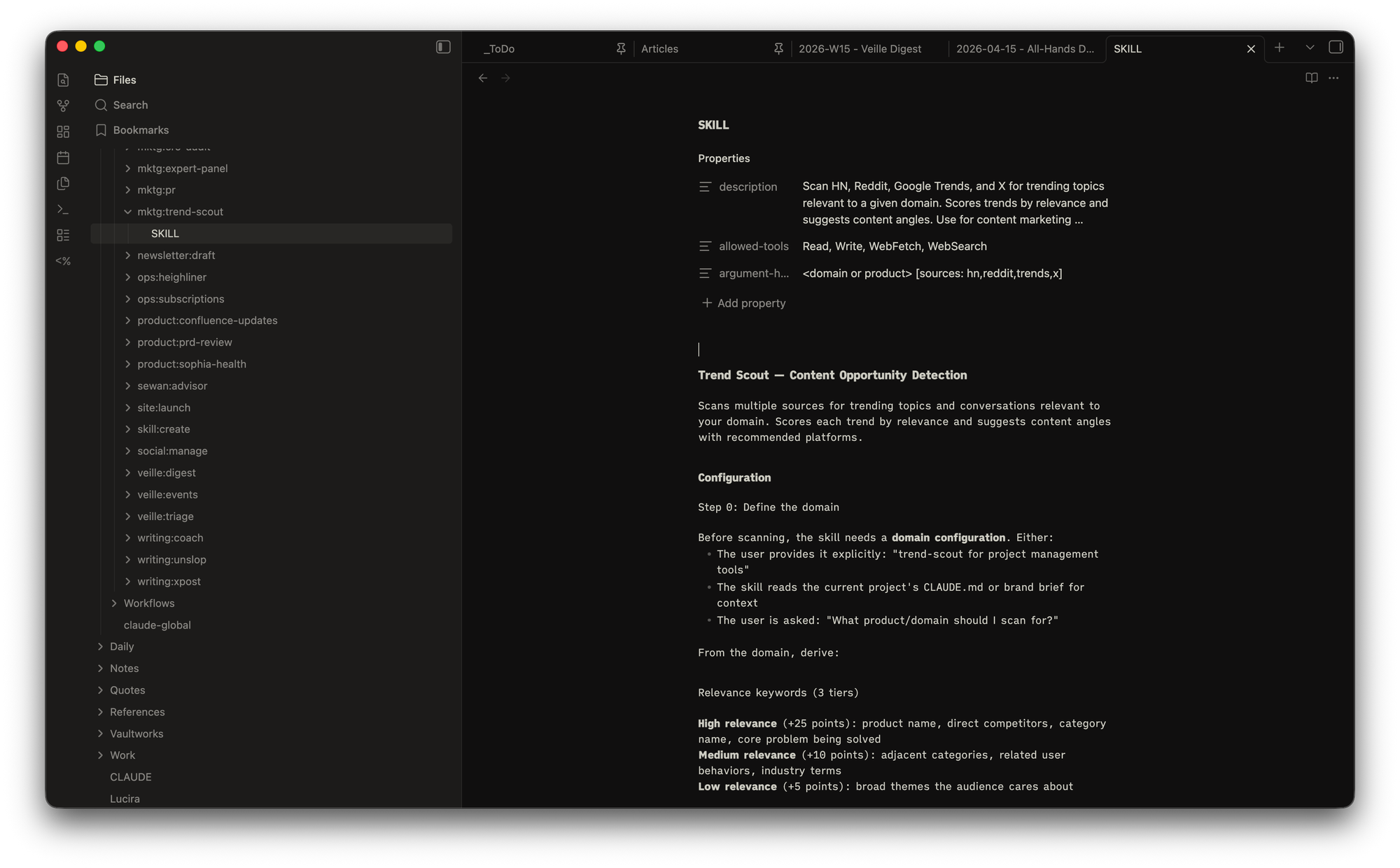 Capture d'écran d'Obsidian montrant la bibliothèque de Skills organisée par catégorie